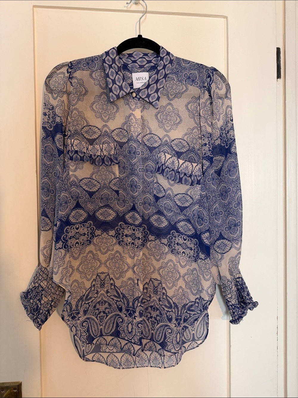 Misa Los Angeles Navy and Cream Sheer Paisley Button-Up Blouse